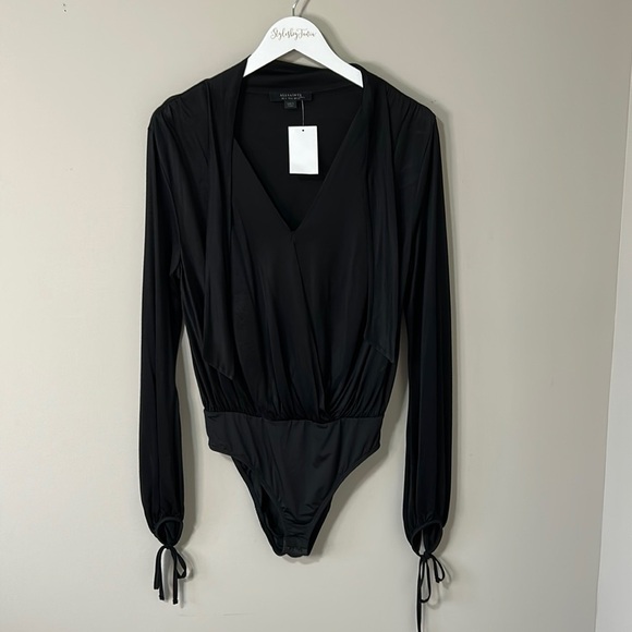 All Saints Penelope Tie Neck Bodysuit Loose Fit V-Neck Long Tie Sleeve Sz 2 NEW - Picture 4 of 14